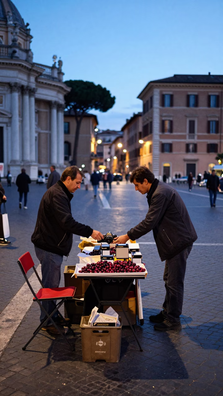 Blue Hour Street Scene in Rome Italy with Folding Chair and Coffee Cherry Branch in in Rome, Italy