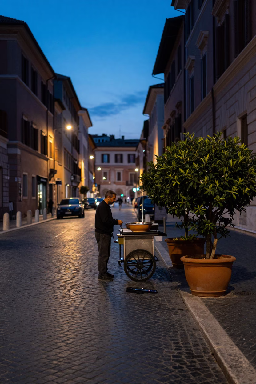 Blue Hour Street Scene in Rome Italy with Fountain Pen and Tea Bush in in Rome, Italy