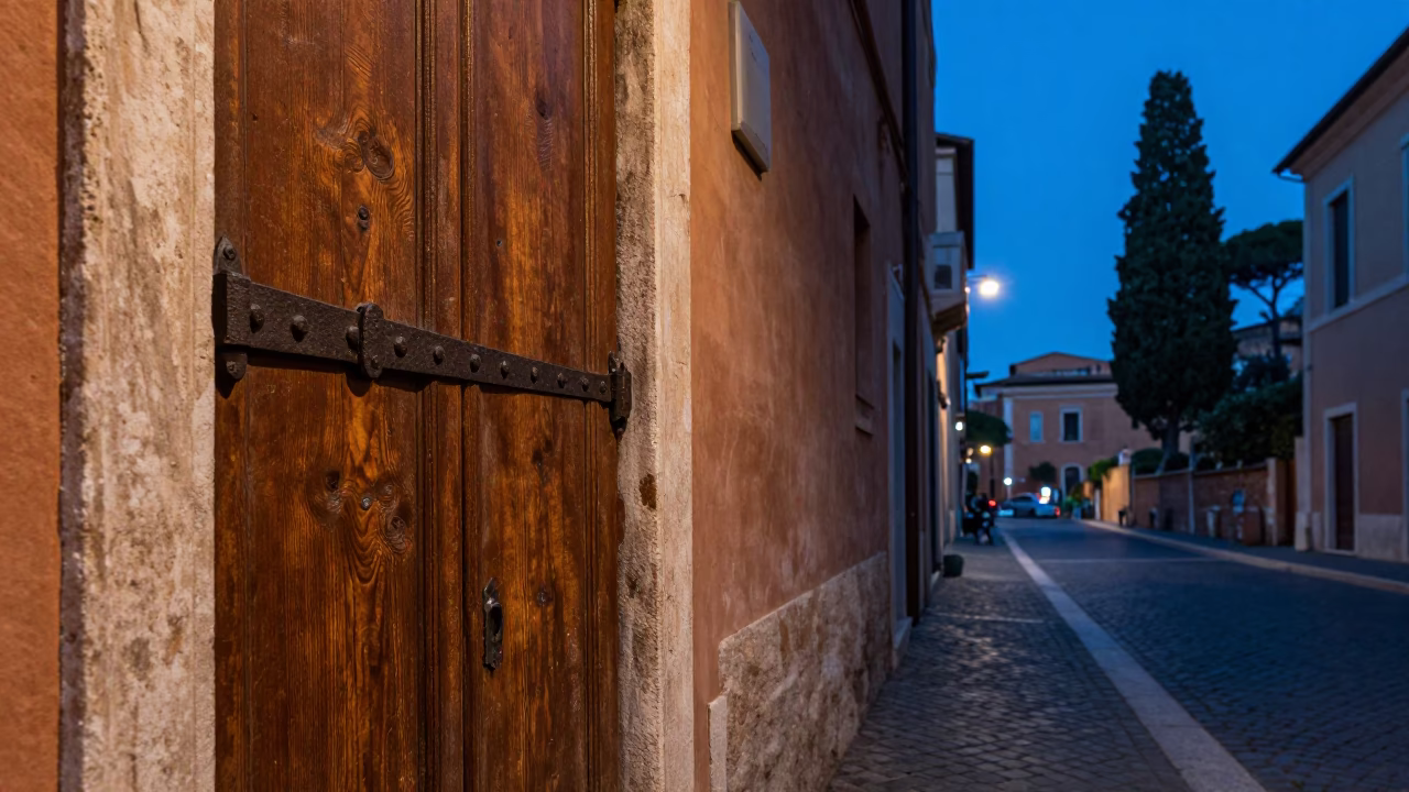 Blue Hour Street Scene in Rome Italy with Heavy Iron Hinge and Cypress Trees in in Rome, Italy