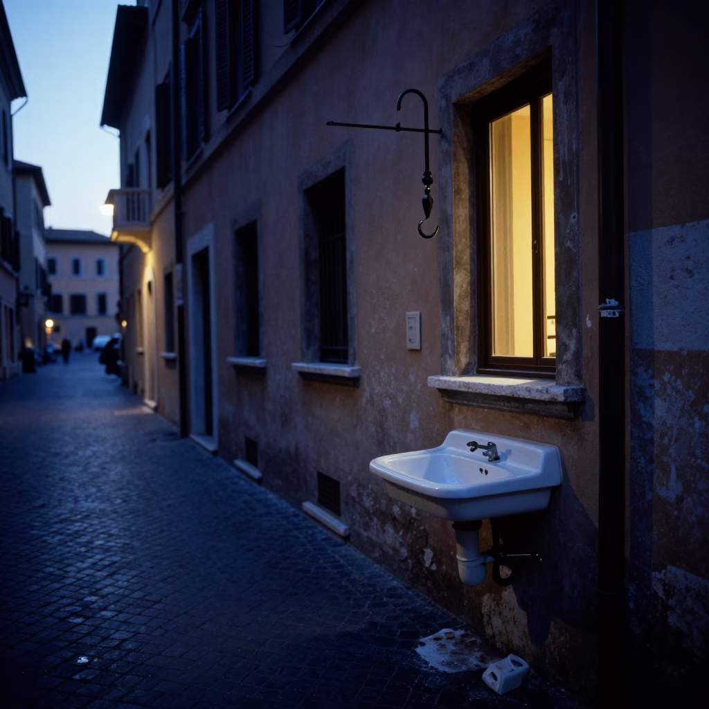 Blue Hour Street Scene in Rome Italy with Iron Hook and Wash Basin Details in in Rome, Italy