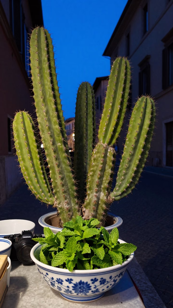 Blue Hour Street Scene in Rome Italy with Prickly Pear Cactus and Porcelain Bowl in in Rome, Italy