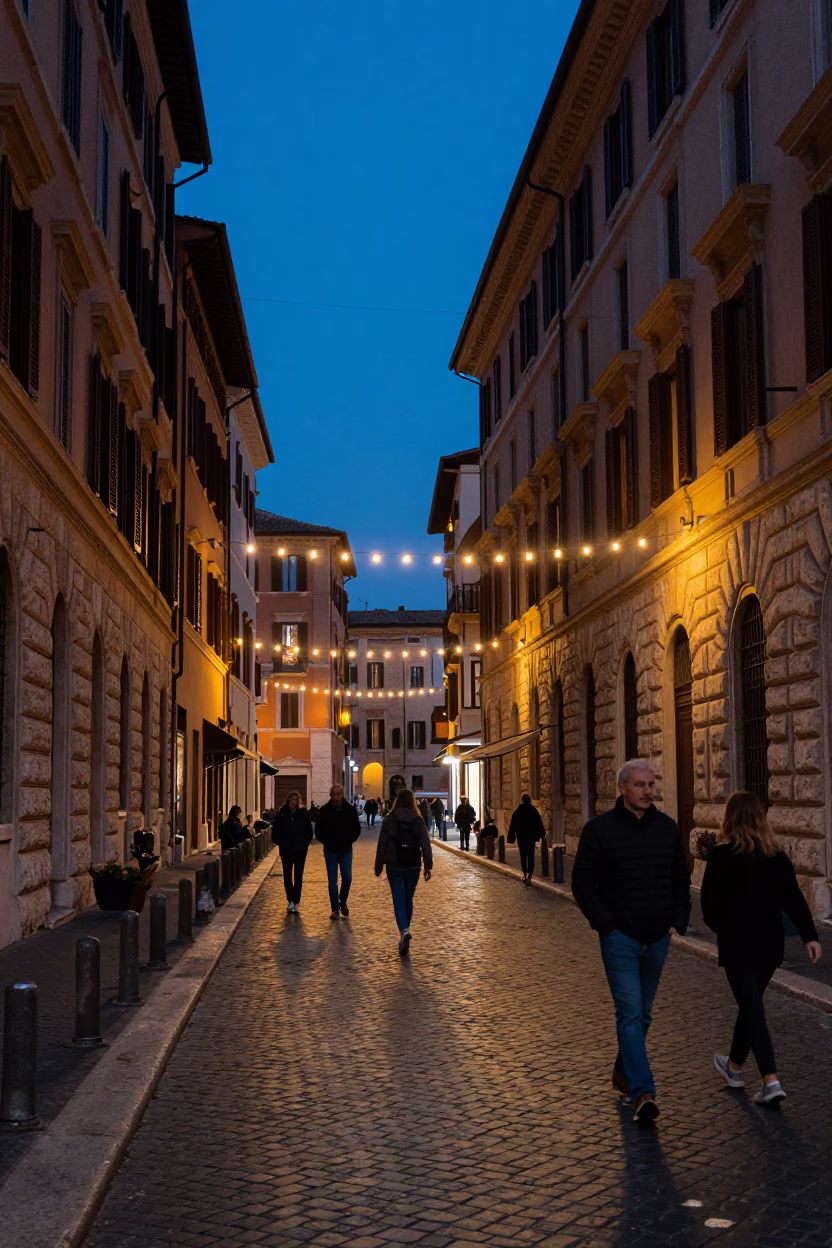Blue Hour Street Scene in Rome Italy with String Lights and Evening Pedestrians in in Rome, Italy