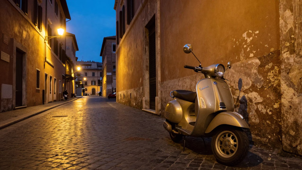 Blue Hour Street Scene in Rome Italy with Vintage Scooter and Brass Details in in Rome, Italy