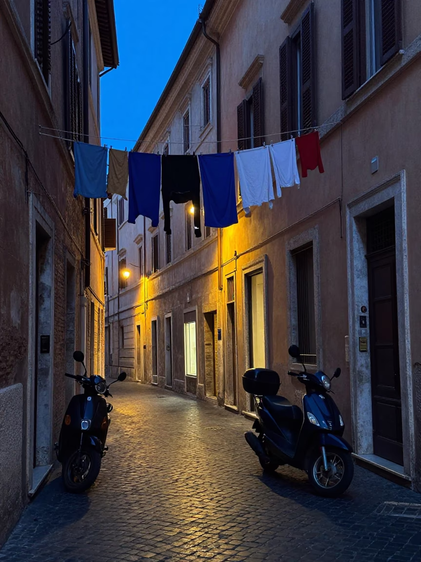 Blue hour street scene in Rome with hanging laundry and parked scooter in in Rome, Italy