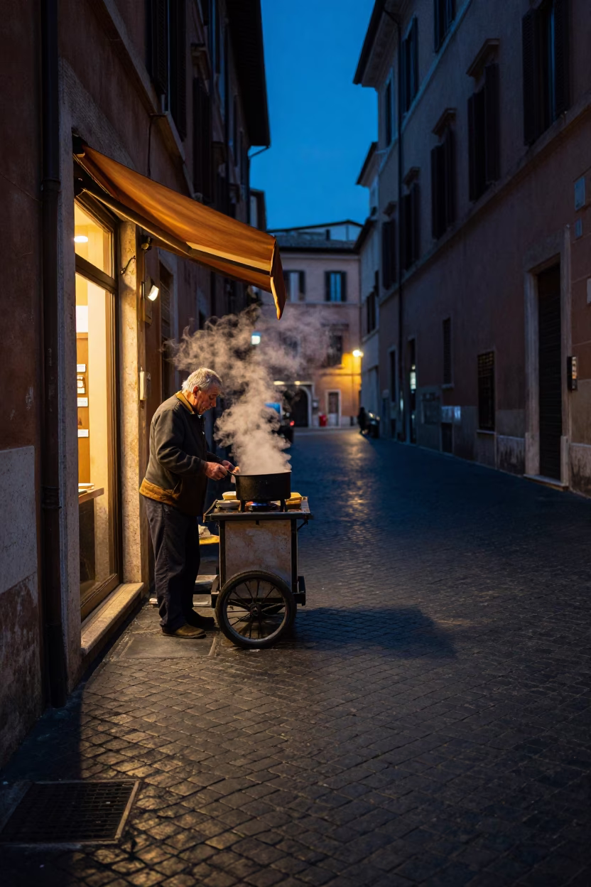 Blue Hour Street Scene in Rome With Steam Rising From Saucepan in in Rome, Italy