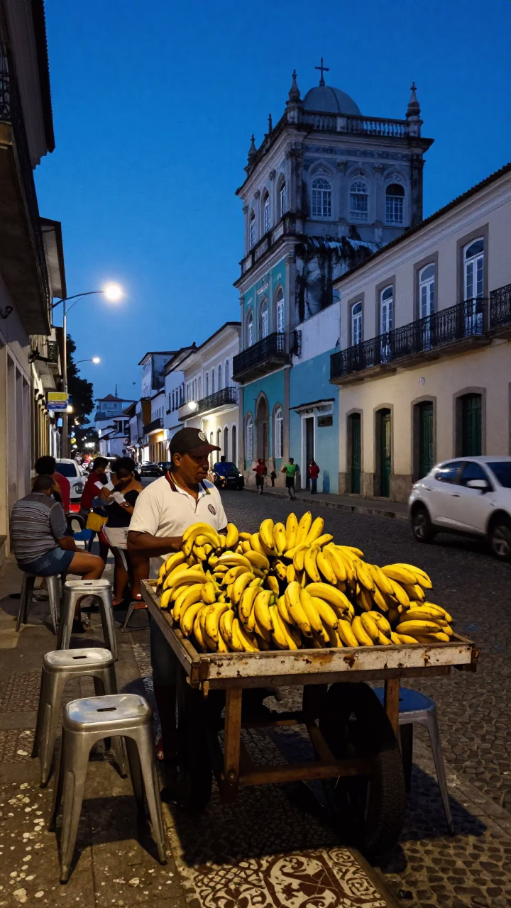 Blue Hour Street Scene in Salvador Brazil with Bananas and Metal Stools in in Salvador, Brazil