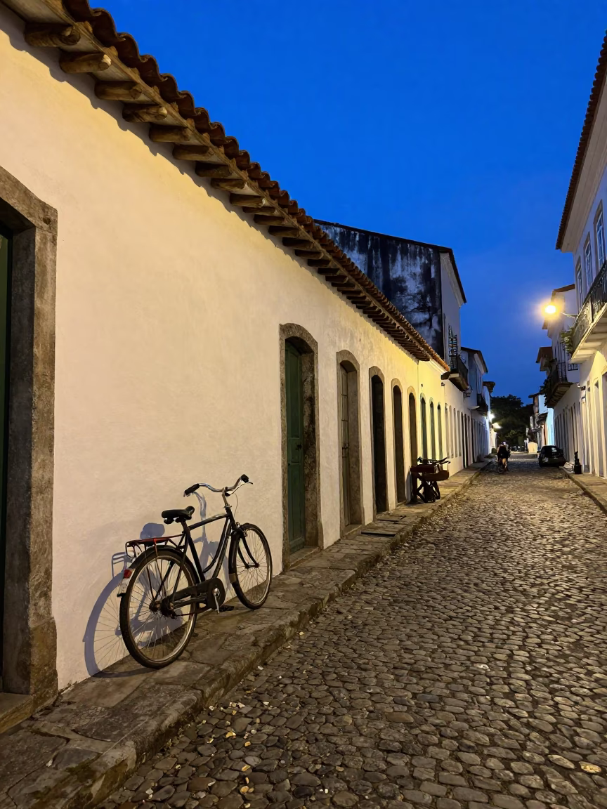 Blue Hour Street Scene in Salvador Brazil with Bicycle and Urban Details in in Salvador, Brazil
