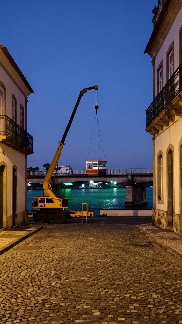 Blue Hour Street Scene in Salvador Brazil with Bridge Maintenance Cradle in in Salvador, Brazil