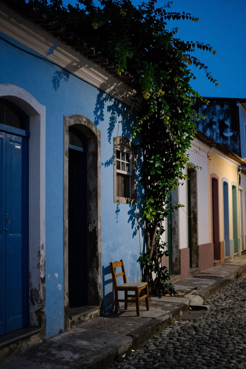 Blue Hour Street Scene in Salvador Brazil with Chair and Ivy Vines in in Salvador, Brazil