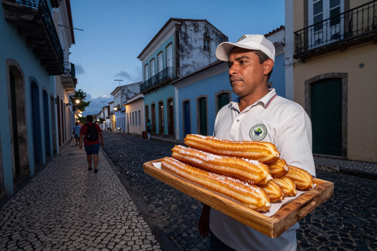 Blue Hour Street Scene in Salvador Brazil with Churros and Dulce de Leche in in Salvador, Brazil