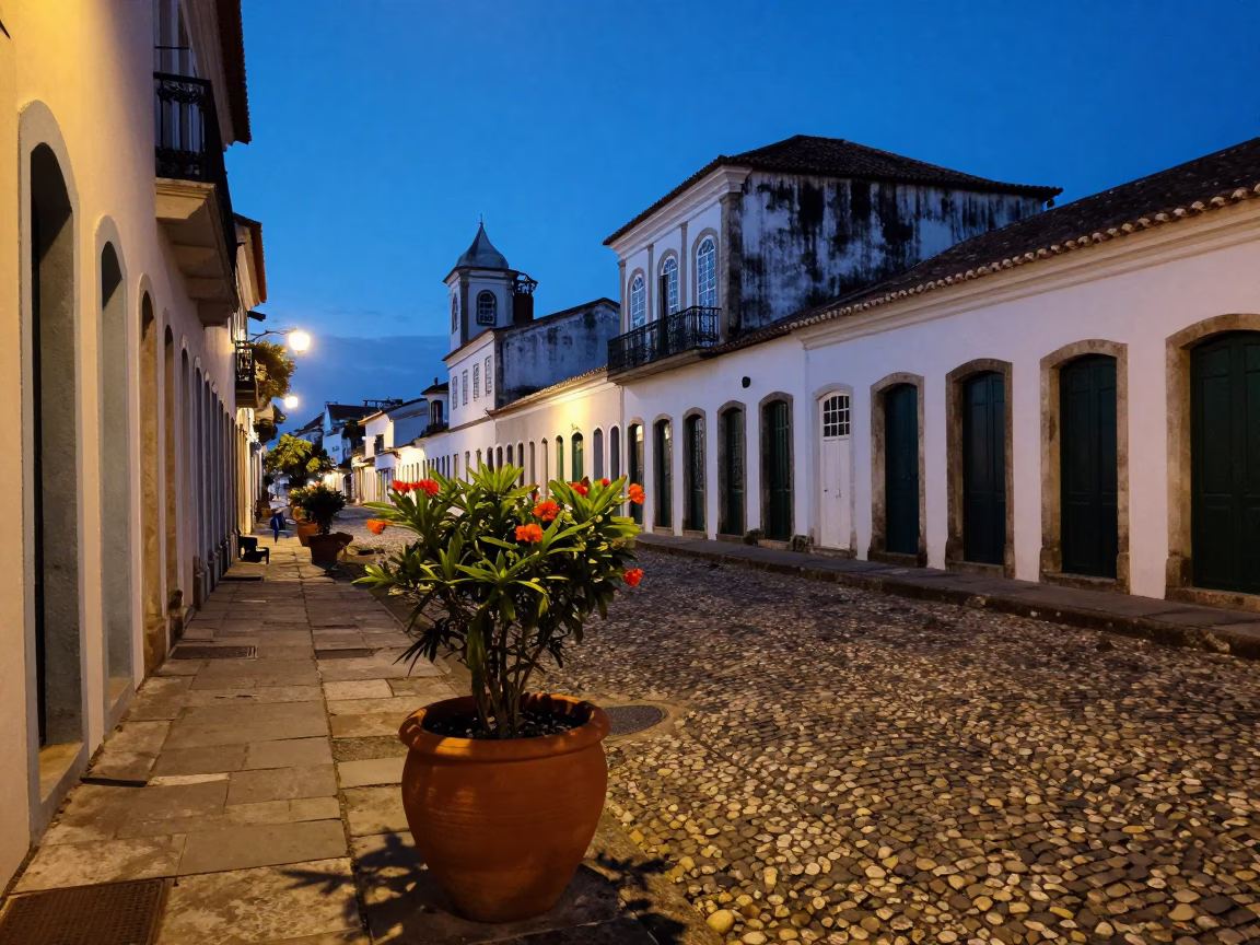Blue Hour Street Scene in Salvador Brazil with Clay Pot and Flowering Plant in in Salvador, Brazil