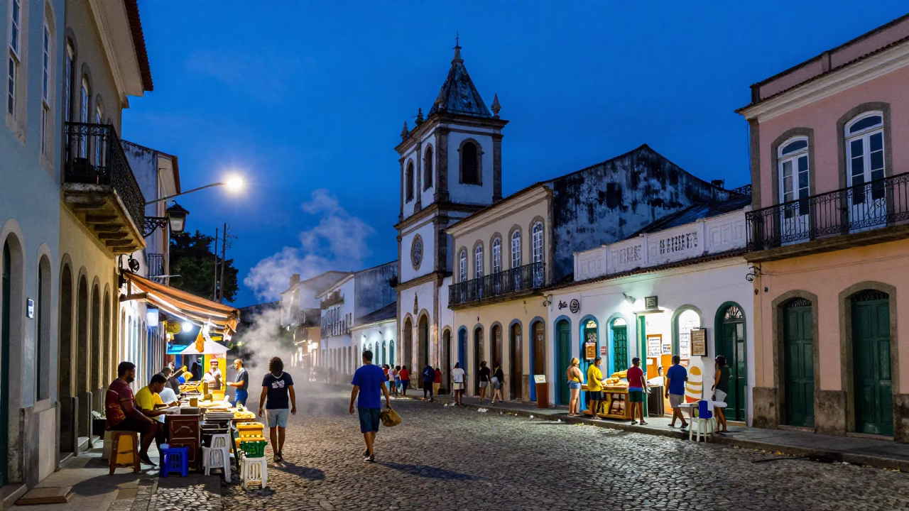 Blue Hour Street Scene in Salvador Brazil with Cobalt Sky and Local Life in in Salvador, Brazil