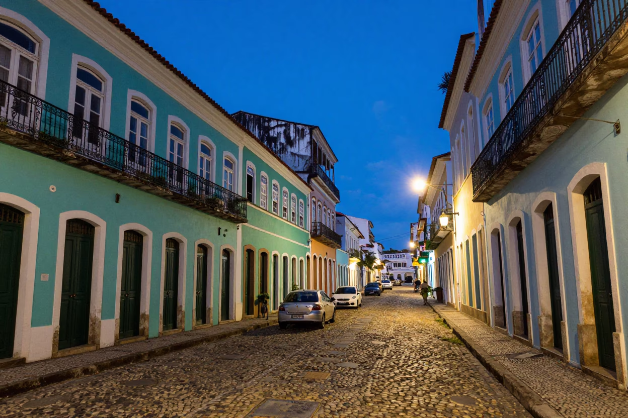 Blue Hour Street Scene in Salvador Brazil with Colorful Architecture and Evening Activity in in Salvador, Brazil