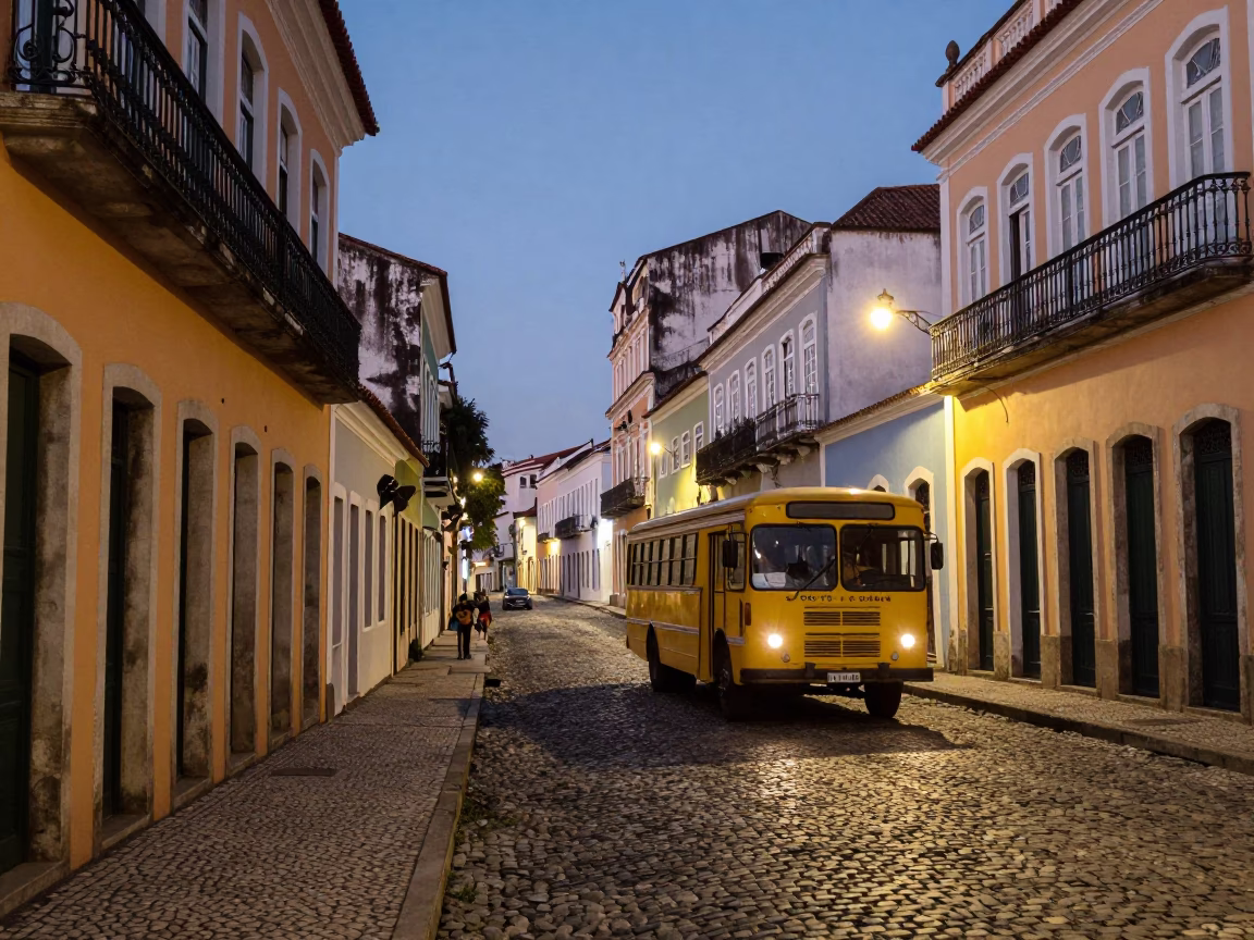 Blue Hour Street Scene in Salvador Brazil with Colorful Facades and Local Life in in Salvador, Brazil
