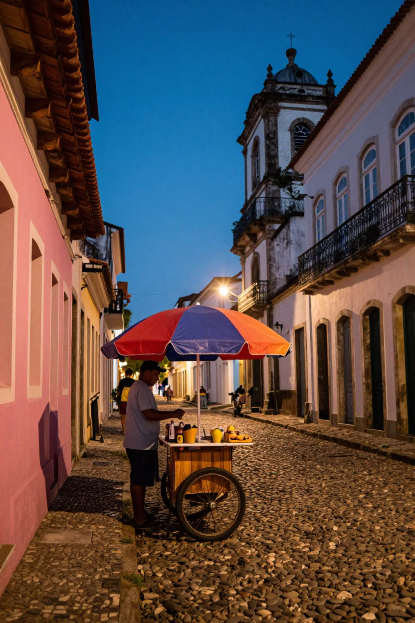 Blue Hour Street Scene in Salvador Brazil with Colorful Umbrella and Local Vendor in in Salvador, Brazil