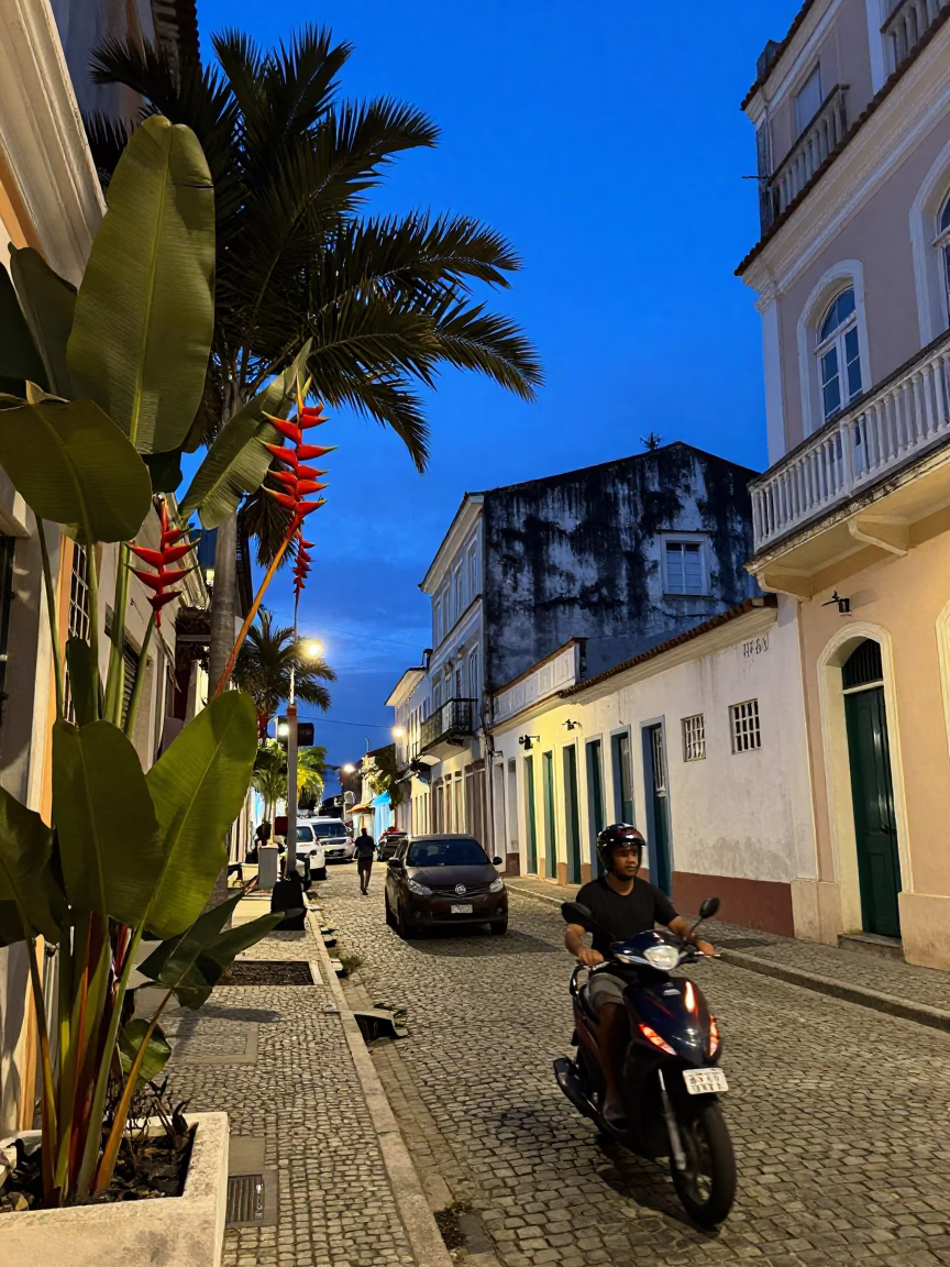 Blue Hour Street Scene in Salvador Brazil with Heliconia and Scooter in in Salvador, Brazil
