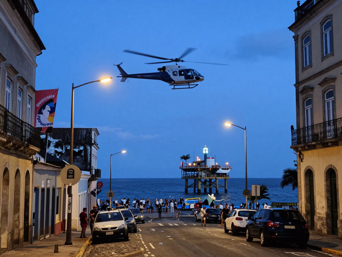 Blue Hour Street Scene in Salvador Brazil with Helicopter and Banners in in Salvador, Brazil