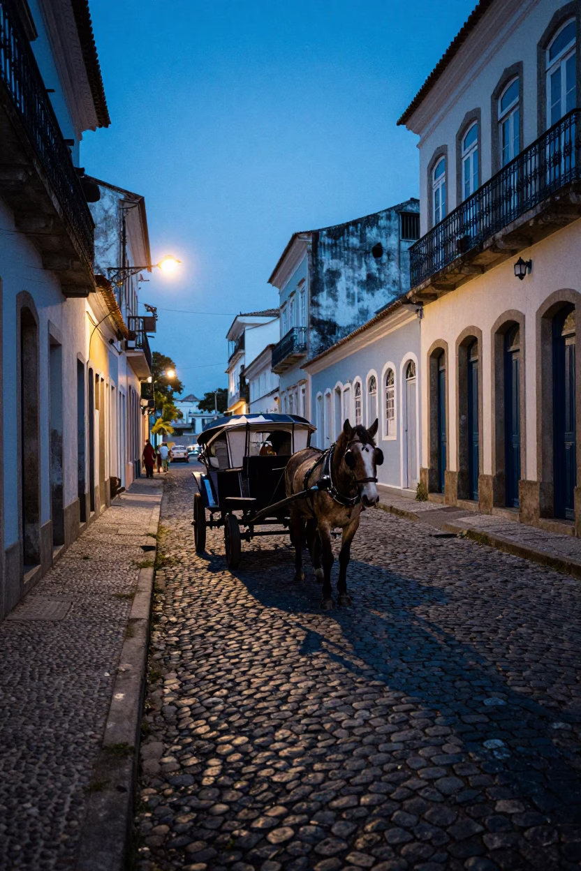 Blue Hour Street Scene in Salvador Brazil with Horse Cart and Cobblestones in in Salvador, Brazil