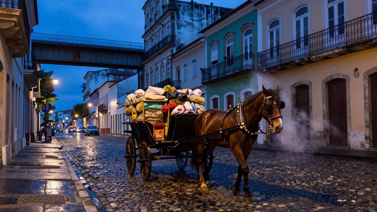 Blue Hour Street Scene in Salvador Brazil with Horse Cart and Overpass in in Salvador, Brazil
