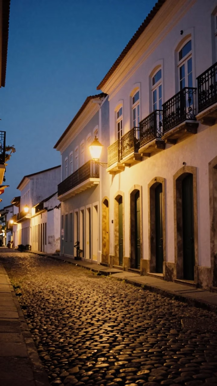 Blue Hour Street Scene in Salvador Brazil with Lint and Amulet Details in in Salvador, Brazil