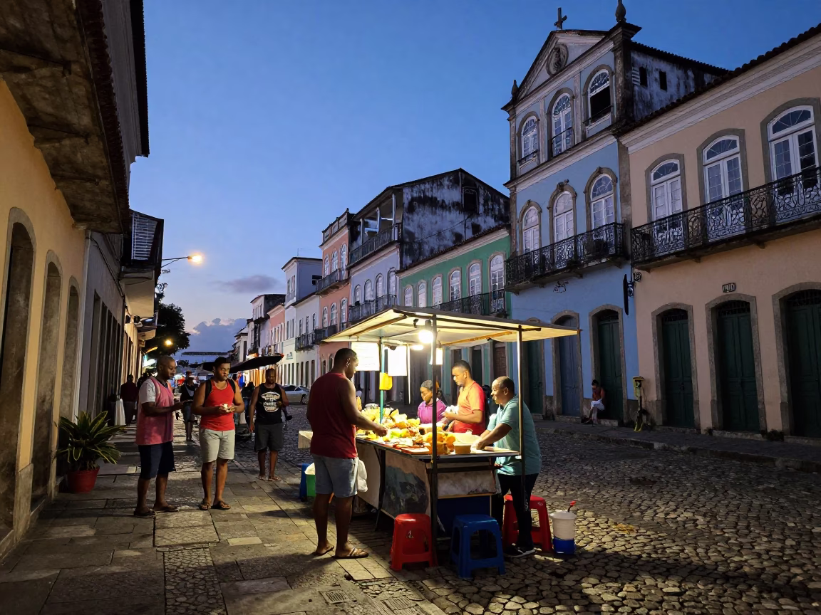Blue Hour Street Scene in Salvador Brazil with Local Food and Architecture in in Salvador, Brazil