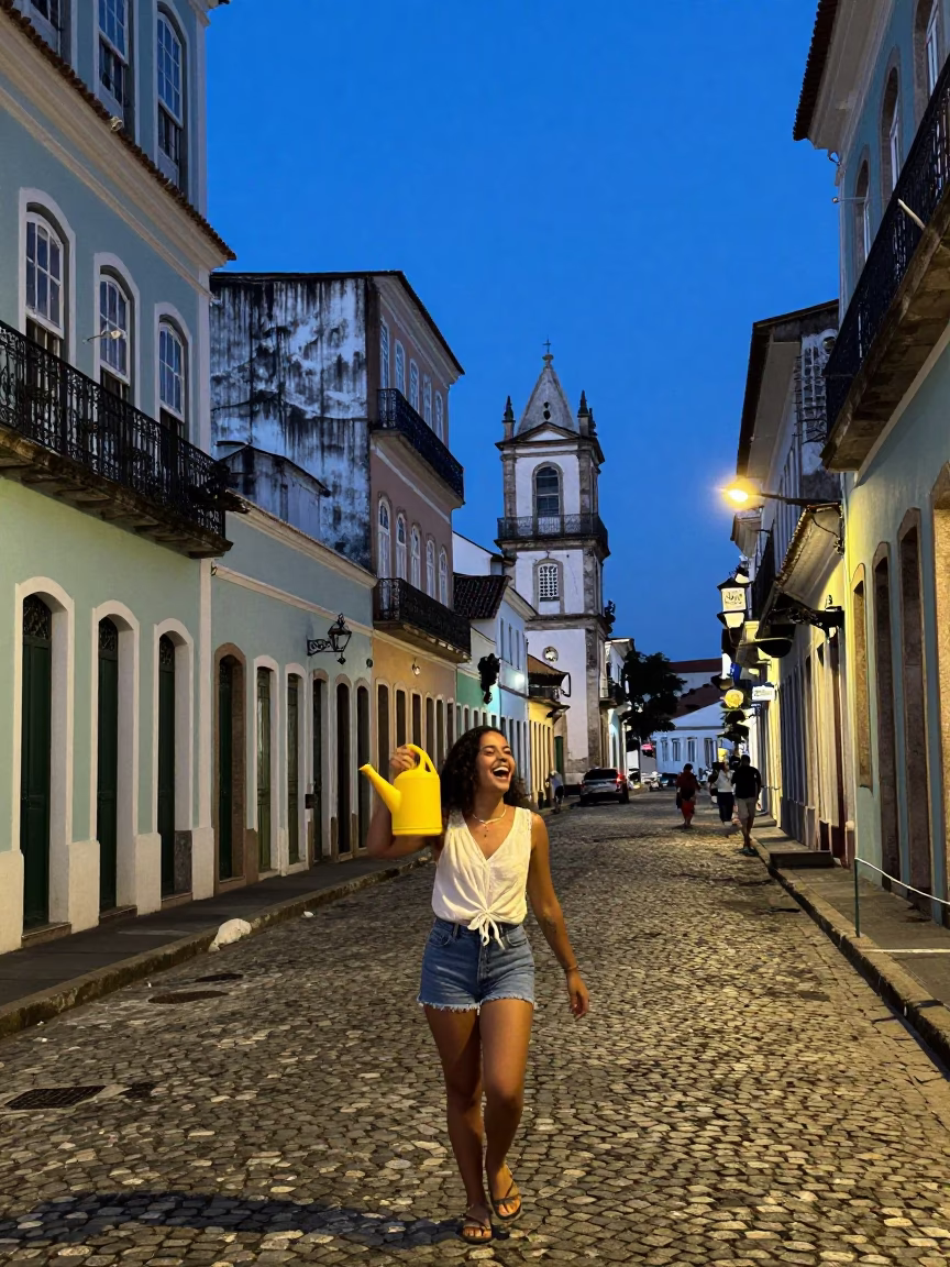 Blue Hour Street Scene in Salvador Brazil with Local Life and Architecture in in Salvador, Brazil