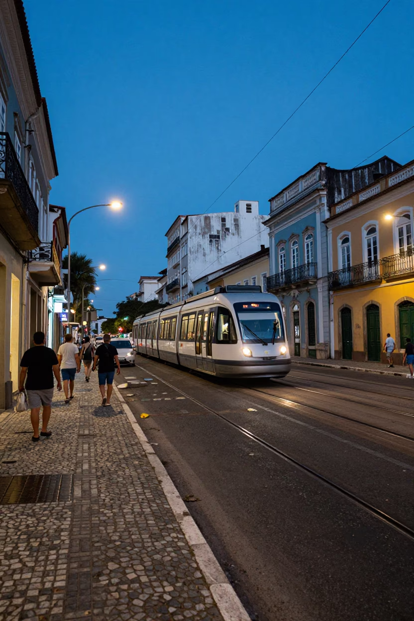 Blue Hour Street Scene in Salvador Brazil with Monorail Reflection in in Salvador, Brazil