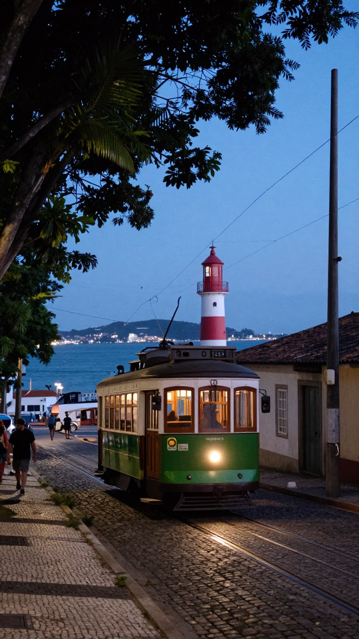 Blue Hour Street Scene in Salvador Brazil with Old Trolley and Harbor Beacon in in Salvador, Brazil