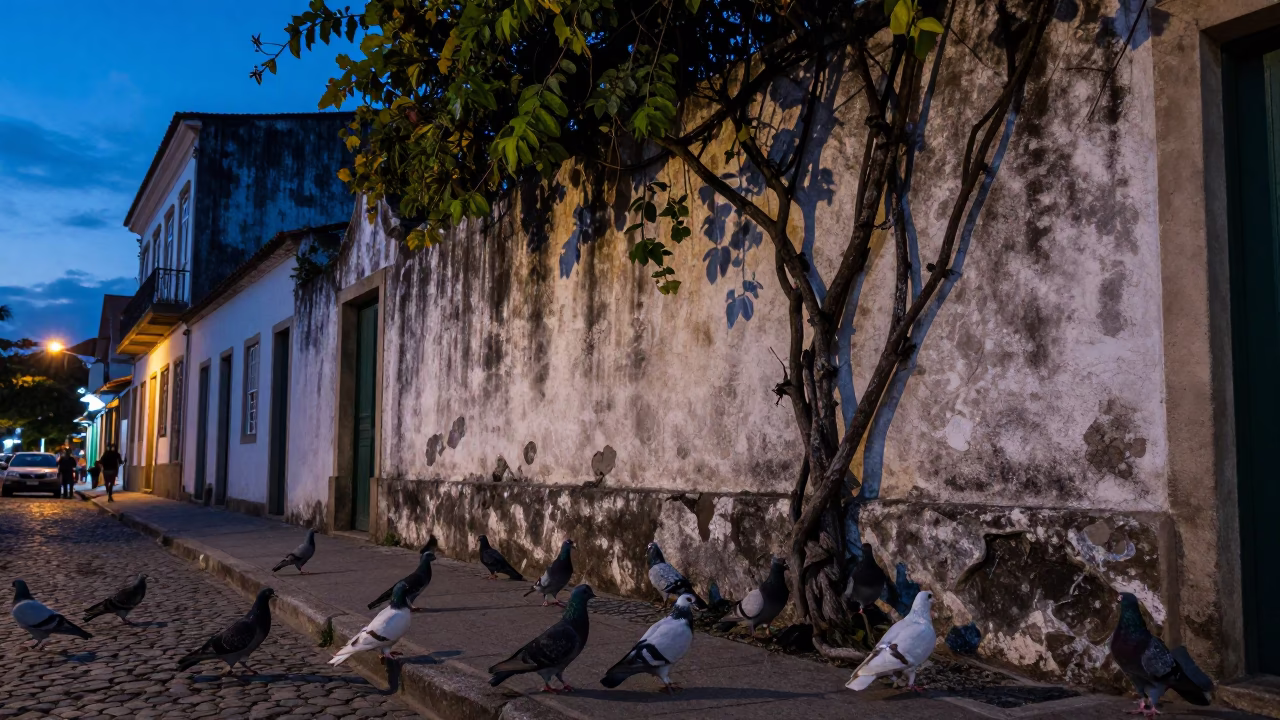 Blue Hour Street Scene in Salvador Brazil with Pigeons and Vine in in Salvador, Brazil