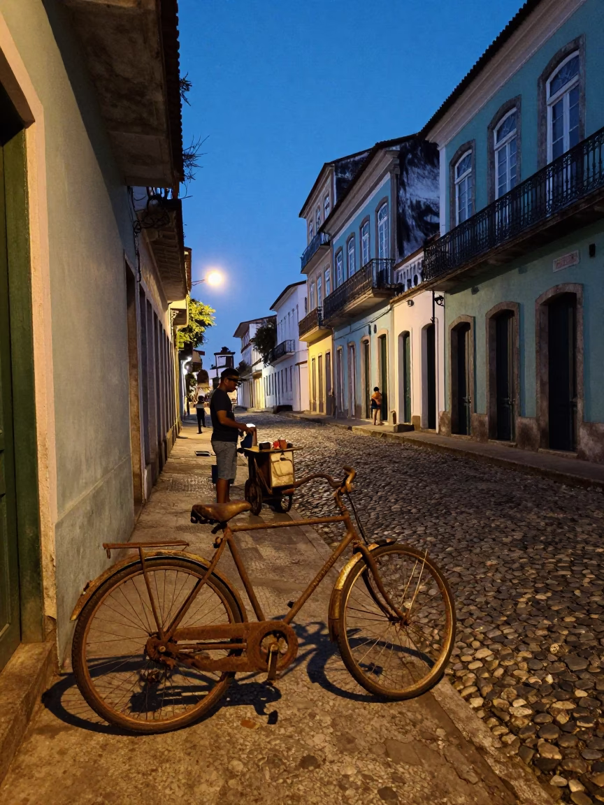 Blue Hour Street Scene in Salvador Brazil with Rusty Bicycle and Humming Street Vendor in in Salvador, Brazil