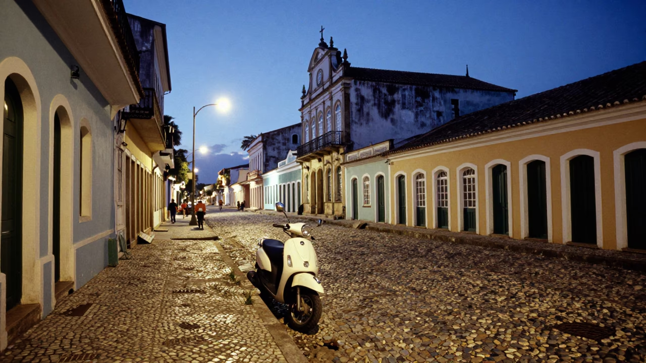 Blue Hour Street Scene in Salvador Brazil with Scooter and Local Life in in Salvador, Brazil