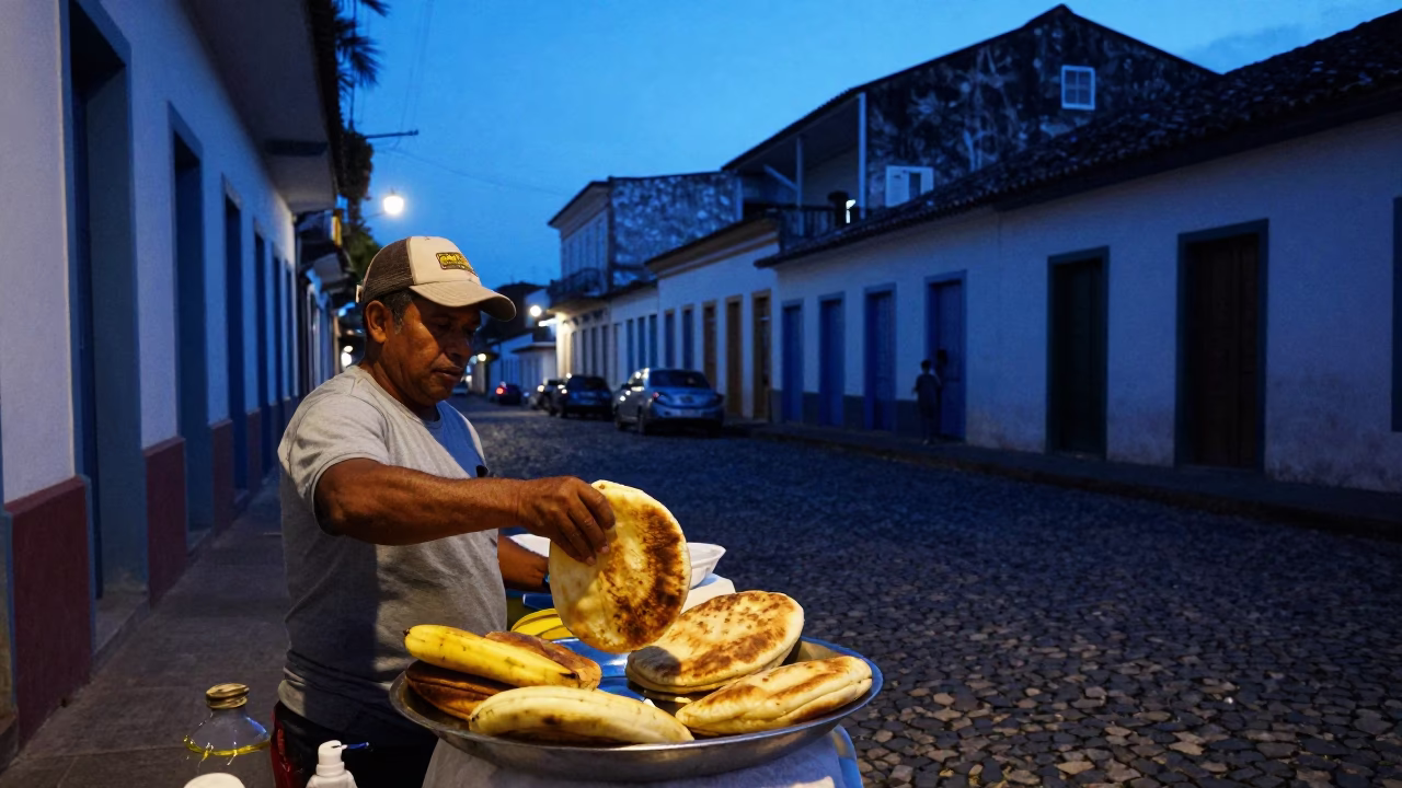 Blue Hour Street Scene in Salvador Brazil with Traditional Salvadoran Pupusas on Banana Leaf in in Salvador, Brazil