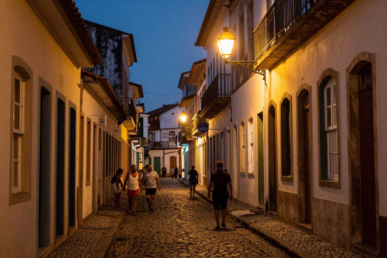 Blue Hour Street Scene in Salvador Brazil with Vintage 1960s Aesthetic in in Salvador, Brazil