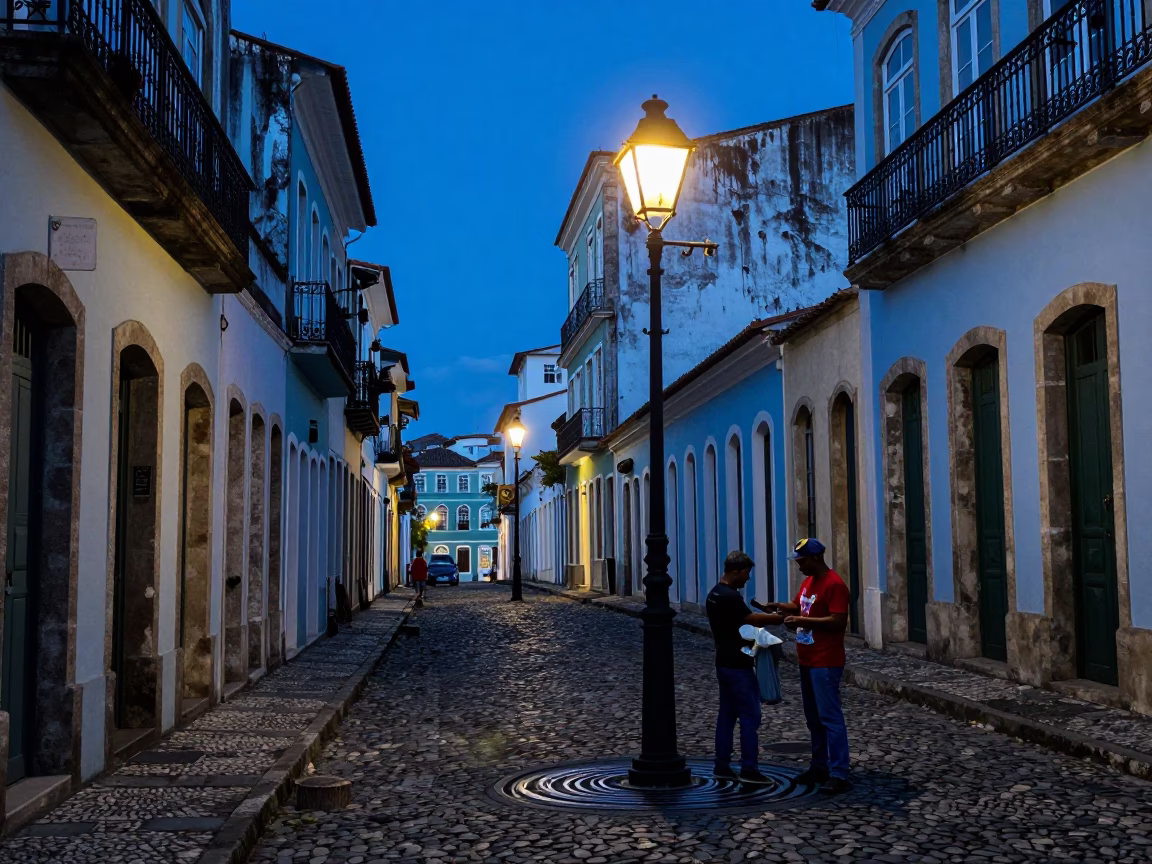 Blue Hour Street Scene in Salvador Brazil with Water Rings on Lamp Base in in Salvador, Brazil