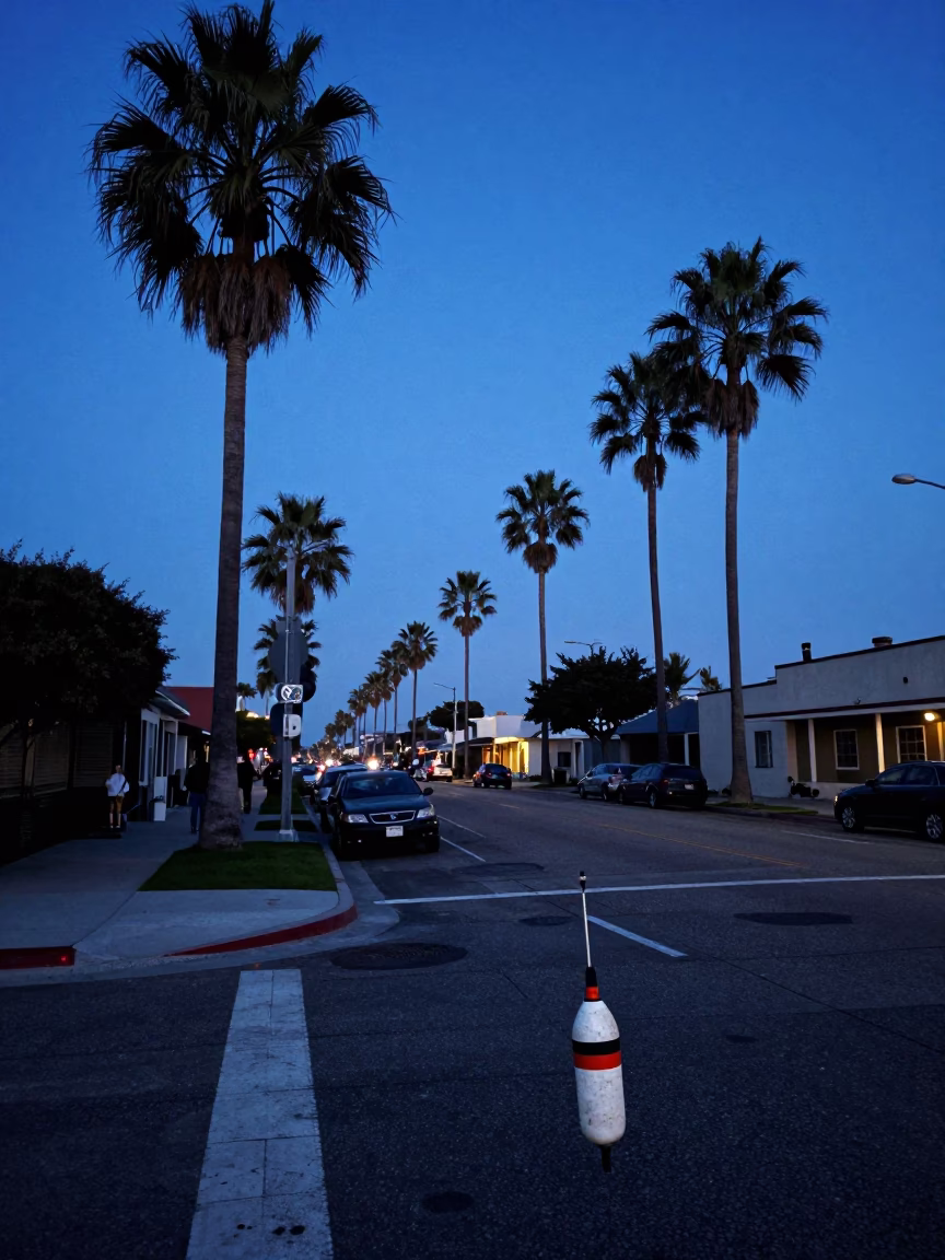 Blue Hour Street Scene in San Diego with Faded Fishing Floats and Urban Details in in San Diego, California, United States