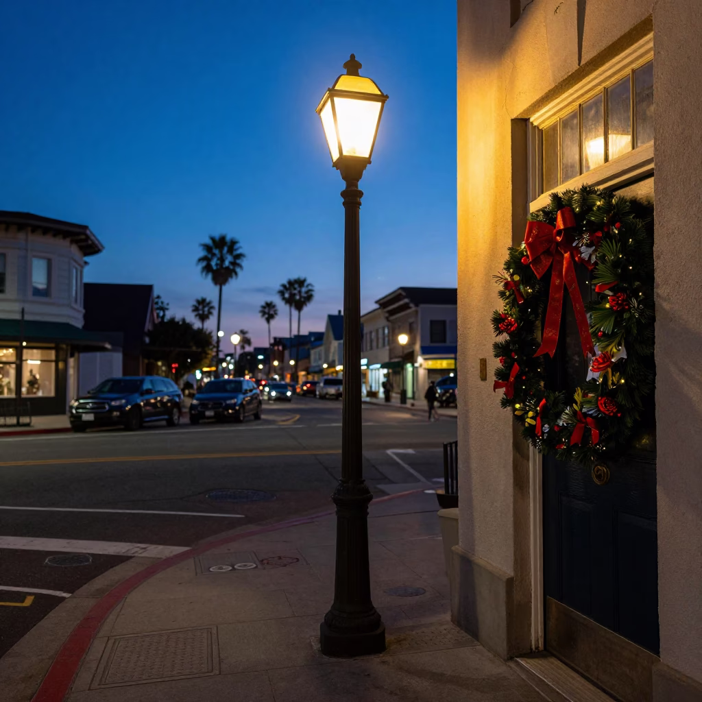 Blue Hour Street Scene in San Diego with Lantern and Door Wreaths in in San Diego, California, United States