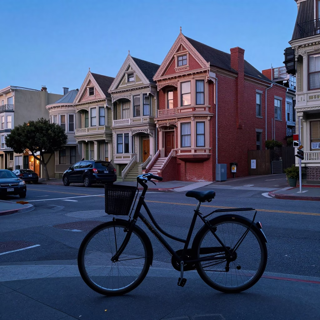 Blue Hour Street Scene in San Francisco California with Bicycle and Latch Detail in in San Francisco, California, United States