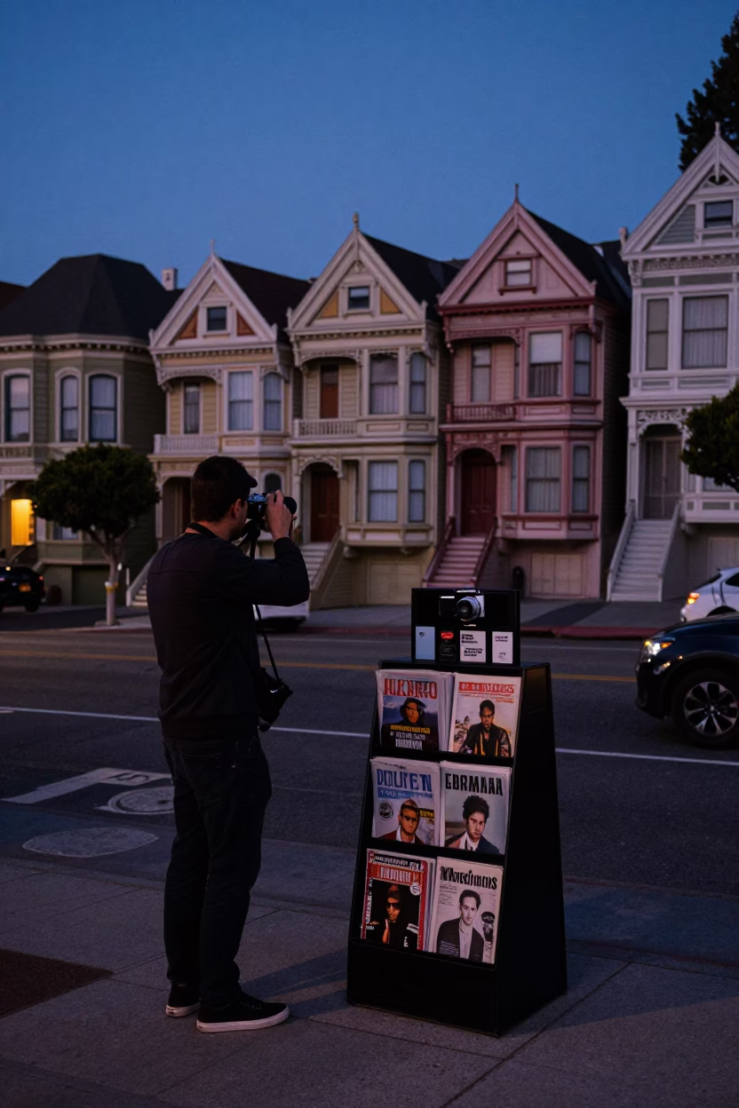 Blue Hour Street Scene in San Francisco California with Vintage Camera and Magazine Rack in in San Francisco, California, United States