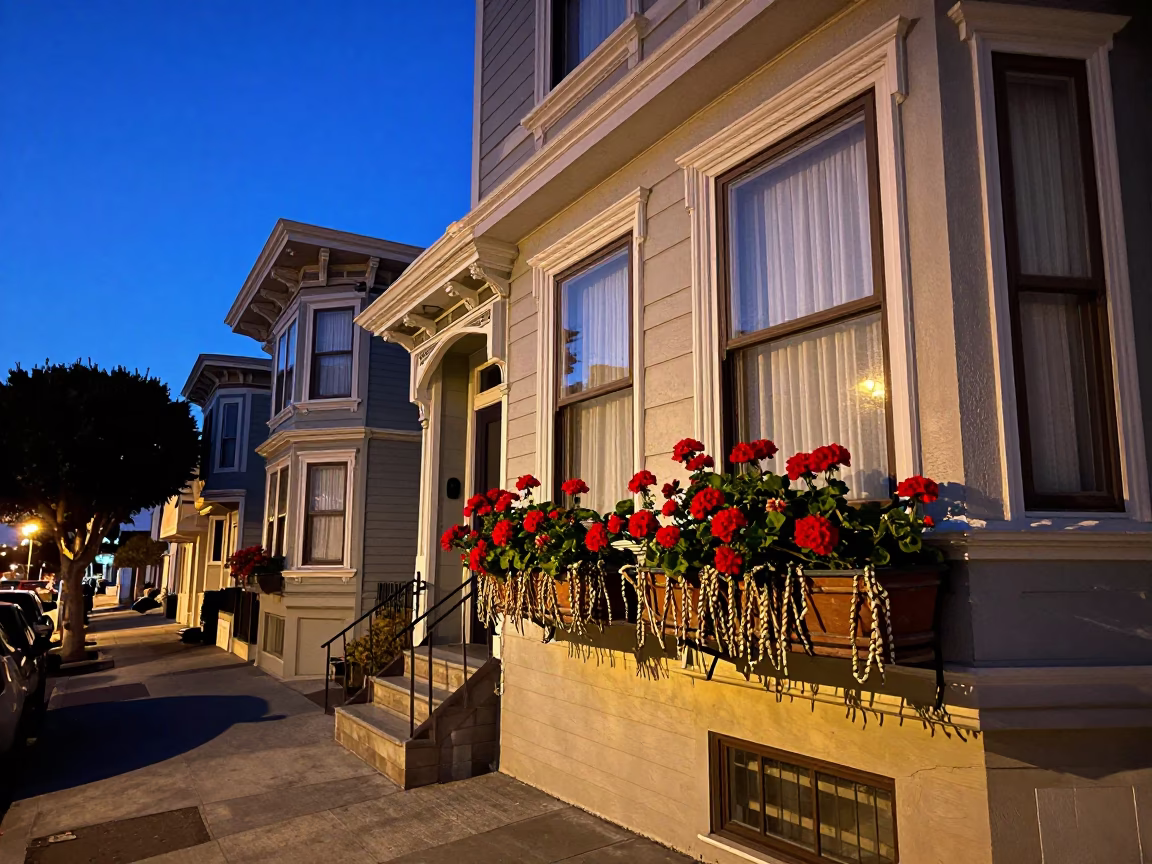 Blue Hour Street Scene in San Francisco Featuring Window Boxes and Twisted Twine Details in in San Francisco, California, United States