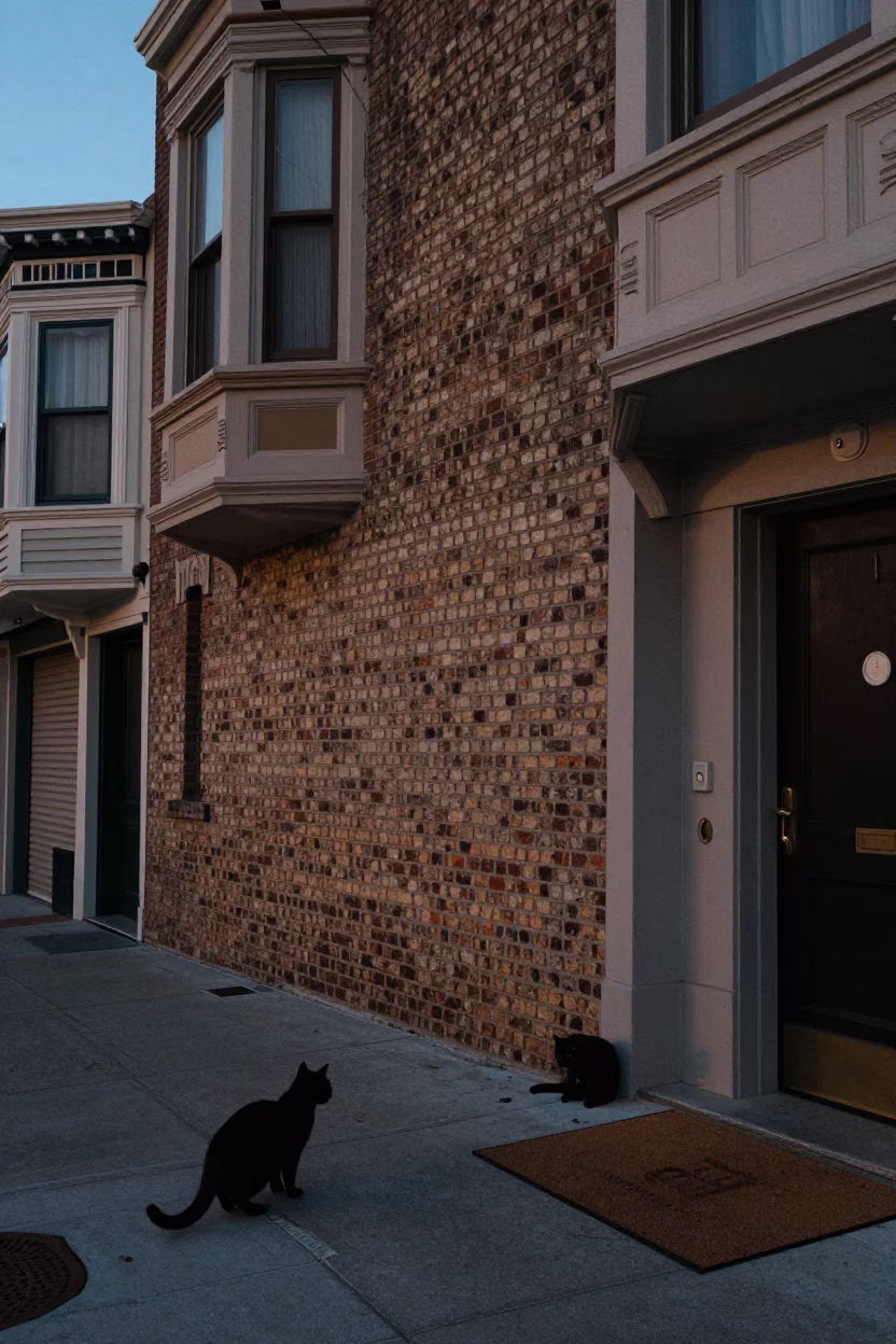 Blue Hour Street Scene in San Francisco with Black Cat and Doormat in in San Francisco, California, United States