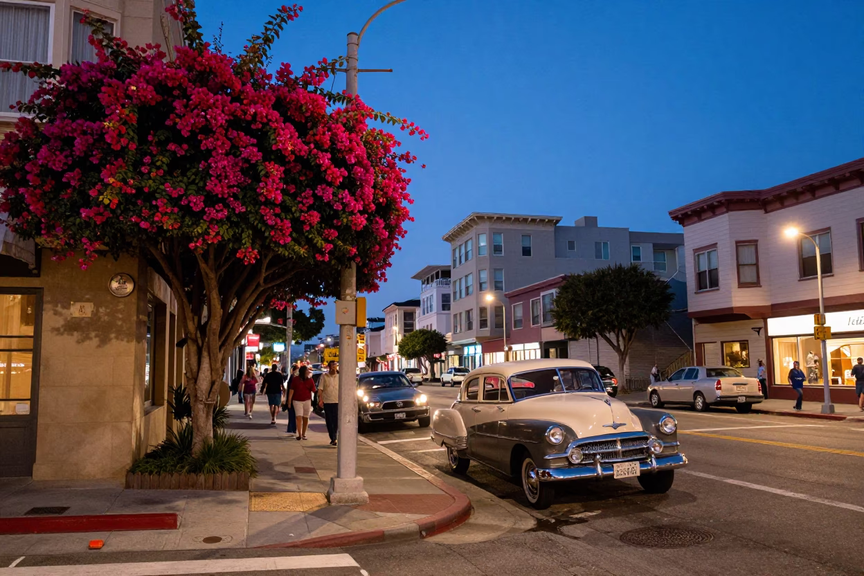 Blue Hour Street Scene in San Francisco with Bougainvillea and Vintage Automobile in in San Francisco, California, United States