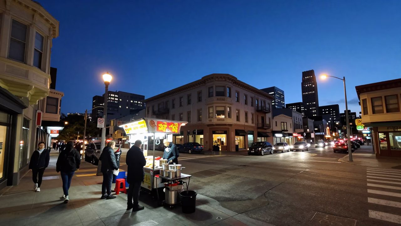 Blue Hour Street Scene in San Francisco with Food Vendor and City Lights in in San Francisco, California, United States