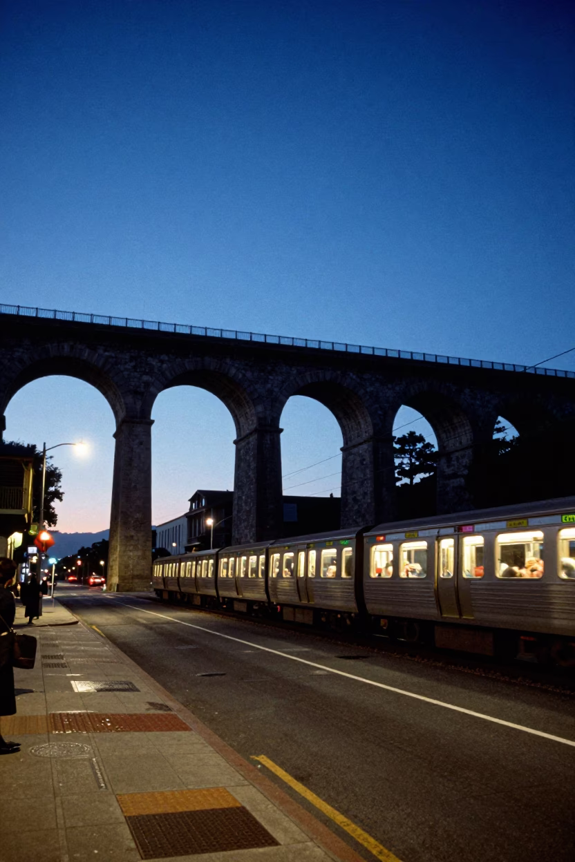 Blue Hour Street Scene in San Francisco with Railway Viaduct and Passing Train in in San Francisco, California, United States