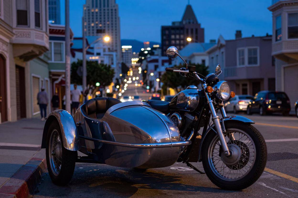 Blue Hour Street Scene in San Francisco with Vintage Motorcycle and City Lights in in San Francisco, California, United States