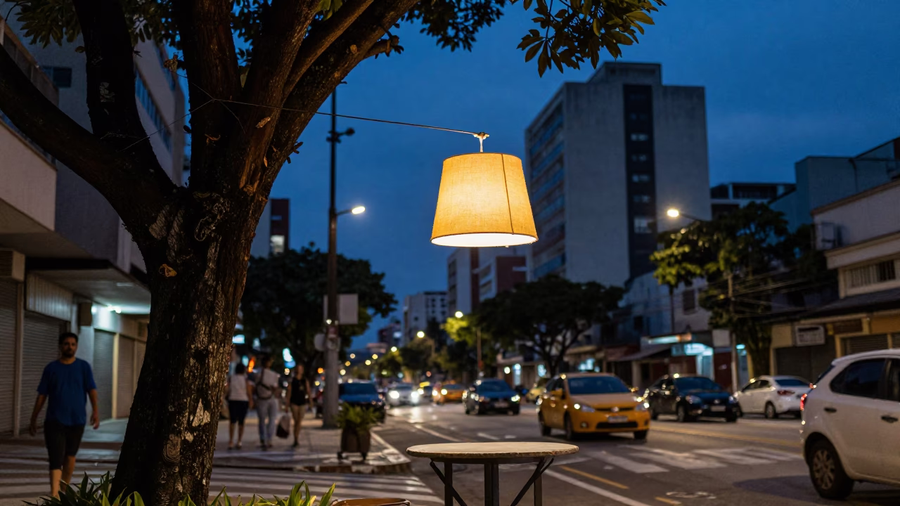 Blue Hour Street Scene in São Paulo Brazil with Lampshade and Avocado Tree in in São Paulo, Brazil