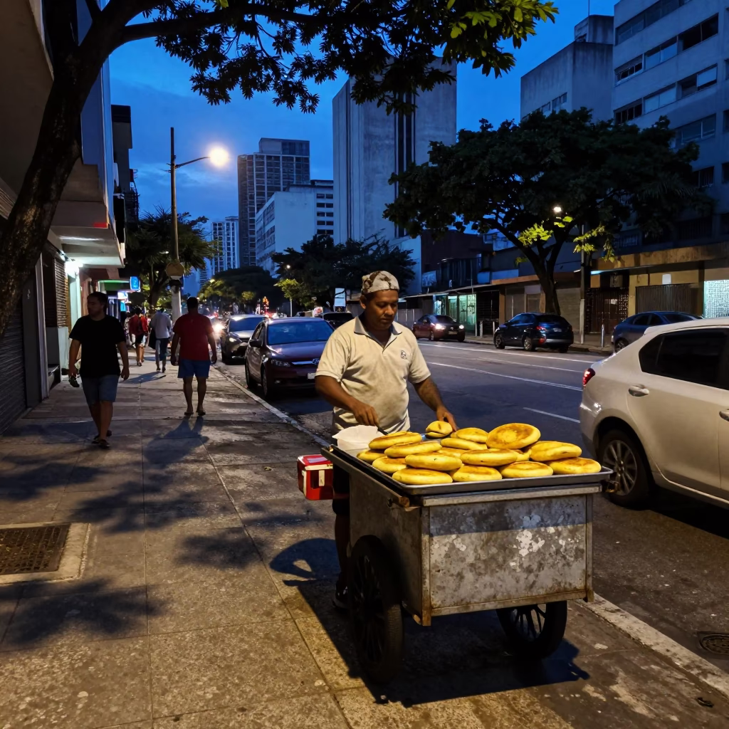 Blue Hour Street Scene in São Paulo Brazil with Leaf Shadows and Arepas in in São Paulo, Brazil