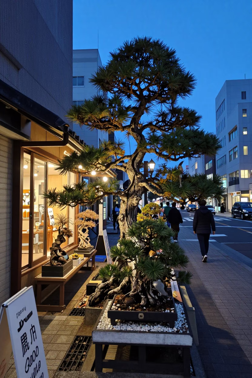 Blue Hour Street Scene in Sapporo Japan with Bonsai Display and Urban Evening Light in in Sapporo, Japan