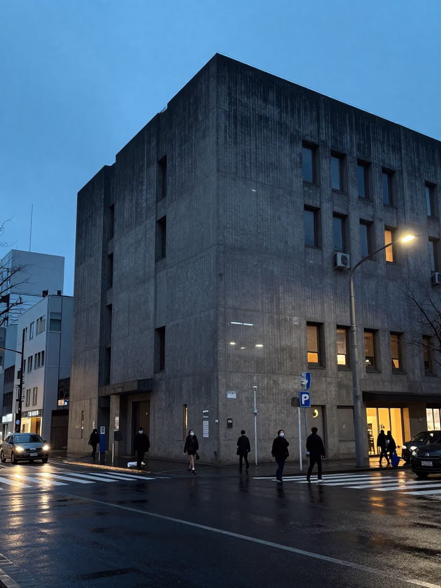 Blue Hour Street Scene in Sapporo Japan with Concrete Brutalist Architecture and Urban Life in in Sapporo, Japan