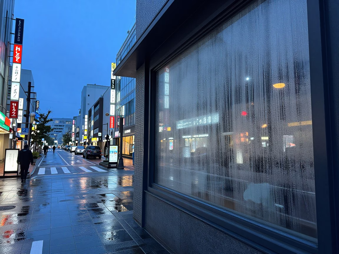 Blue Hour Street Scene in Sapporo Japan with Condensation on Window and Urban Details in in Sapporo, Japan