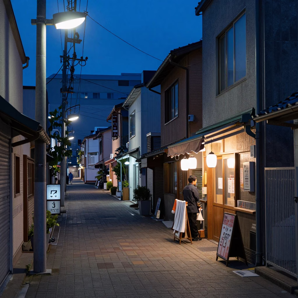 Blue hour street scene in Sapporo Japan with dish towel in in Sapporo, Japan